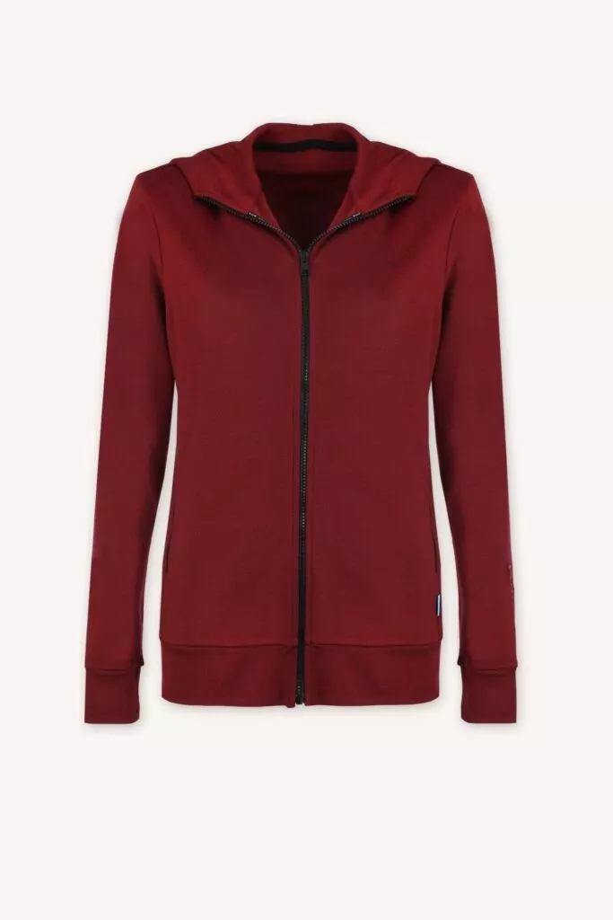 The Merino mikina na zip s kapucí dámská - bordo (250 g) je jednobarevná dámská mikina z vlny merino 100% v bordó barvě.