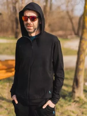 Merino mikina na zip s kapucí pánská – černá (250 g)