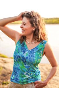 Merino top s výstřihem do V dámský – blue gorpcore (135 g)