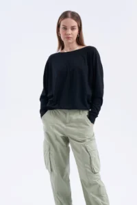 Merino halenka s netopýřím rukávem a výstřihem do V dámské – černá (135 g)