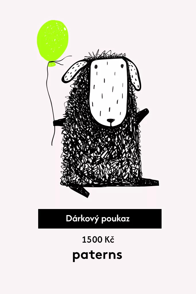 Kreslená ovečka se zeleným balónkem nad černým pruhem s textem "Dárkový poukaz". Níže "1500 Kč", "paterny", produkt z wełny merino 100%.