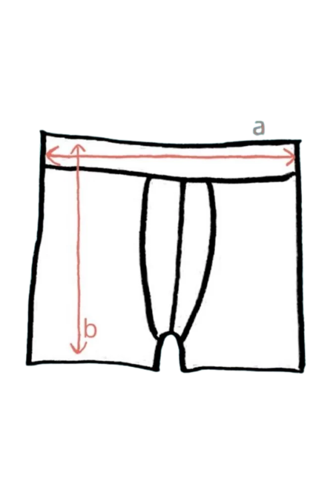 Prosty rysunek bokserków. Bokserki termoaktywne z wełny merino 100% męskie tengoku, česky: boxerky z 100% merino vlny, z liniami a - szerokość pasa i b - długość pionowa od pasa do kroku.