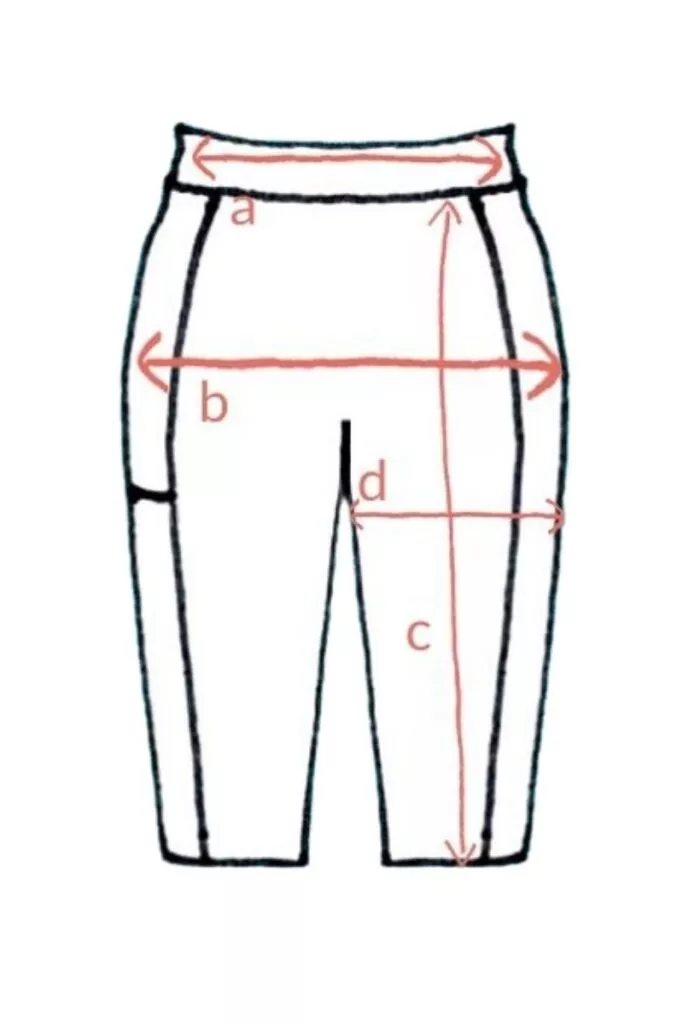 Jasný diagram Merino cyklistické šortky sportovní dámské - šedé (335 g) z wełny merino 100% ukazuje čtyři měřicí linie: a (pas), b (šířka boků), c (celková délka) a d (výška sedu), každá označena oboustrannými šipkami.