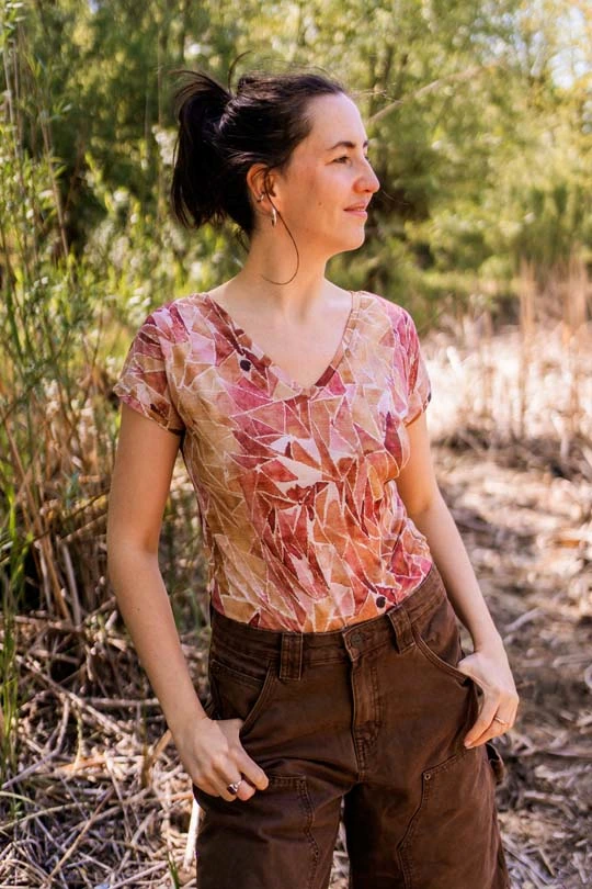 Merino tričko s výstřihem do V dámské – ginger gorpcore (135 g)