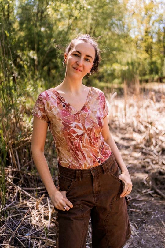 Merino tričko s výstřihem do V dámské – ginger gorpcore (135 g)