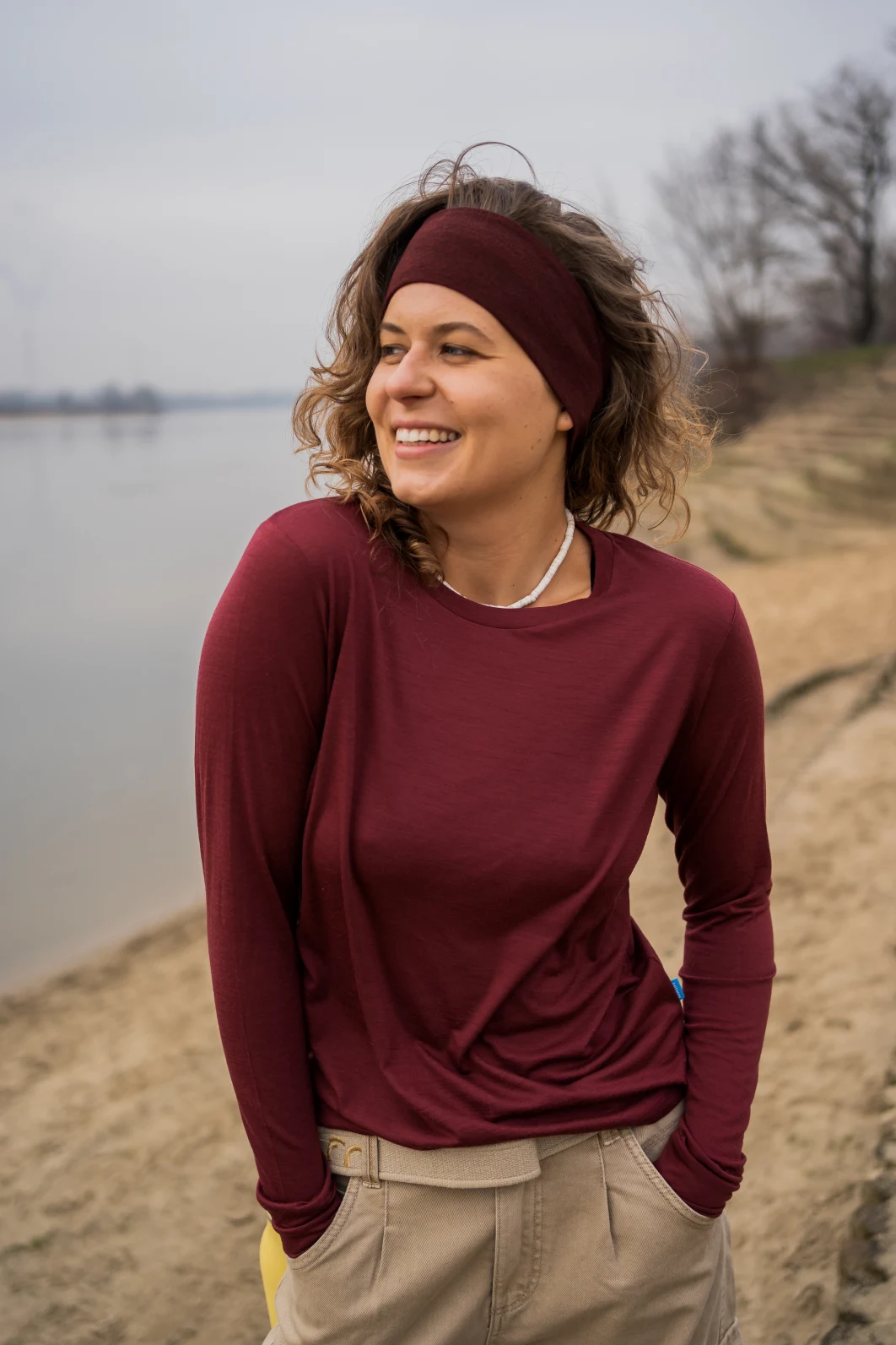 Merino tričko s dlouhým rukávem dámské – bordo (135 g) - XL