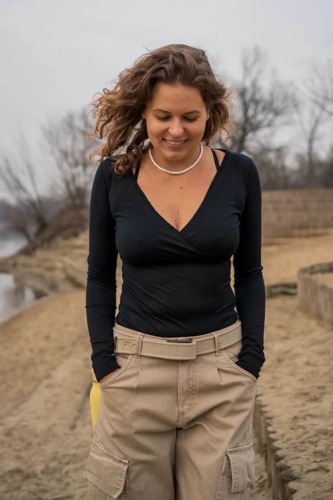 Merino top s dlouhým rukávem a zavinovacím výstřihem dámské – černý (135 g)