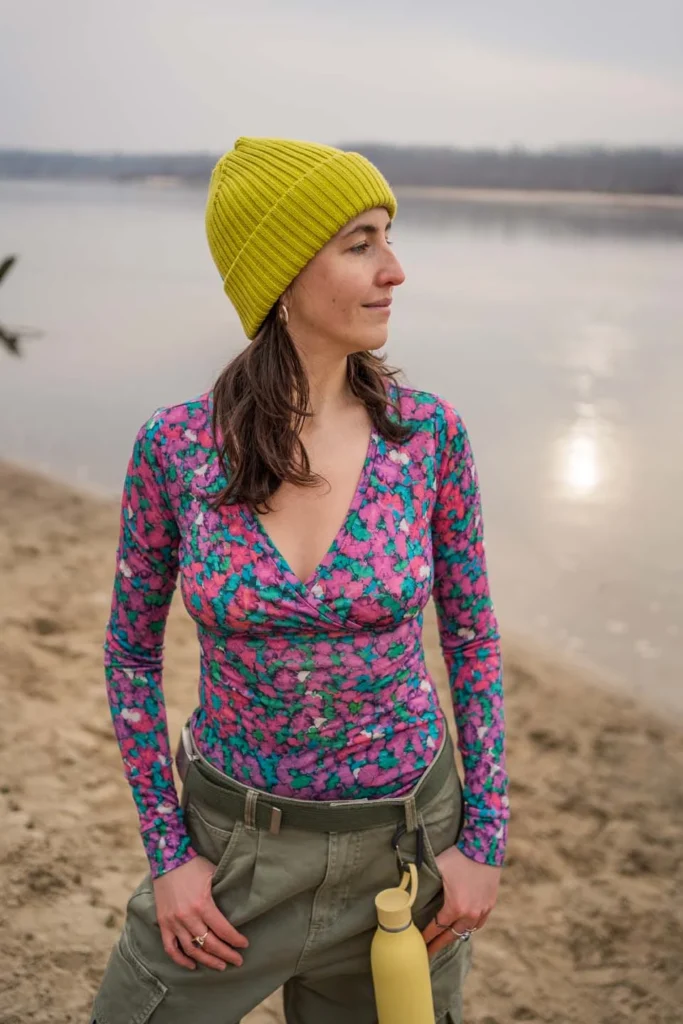 Merino top s dlouhým rukávem a zavinovacím výstřihem dámské – pinkpilio (135 g)