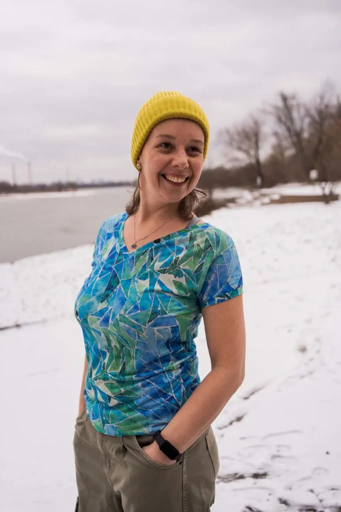 Merino tričko s výstřihem do V dámské – blue gorpcore (135 g)