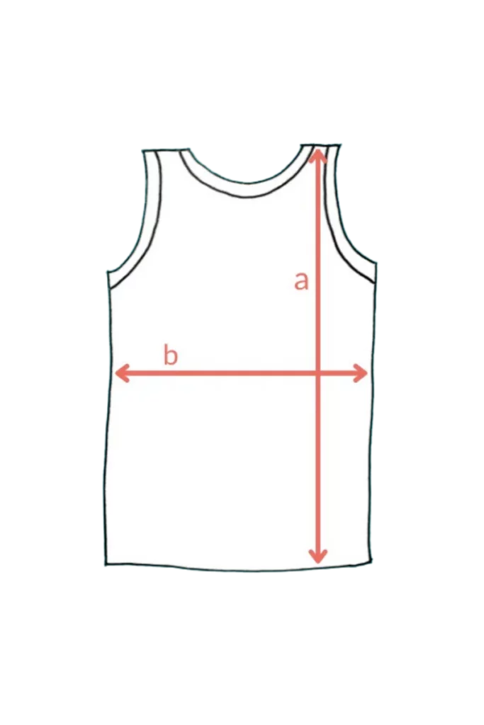 Čárový nákres Merino tričko bez rukávů dětské - papilio (135 g) z vlny merino 100% se šipkami: a = délka, b = šířka přes hrudník.
