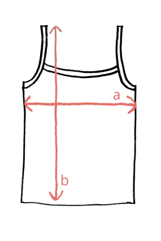 Čárový nákres Merino SKIN tílko dámské - černé (135 g) z wełny merino 100%: dvě červené šipky ukazují šířku "a" a délku "b".