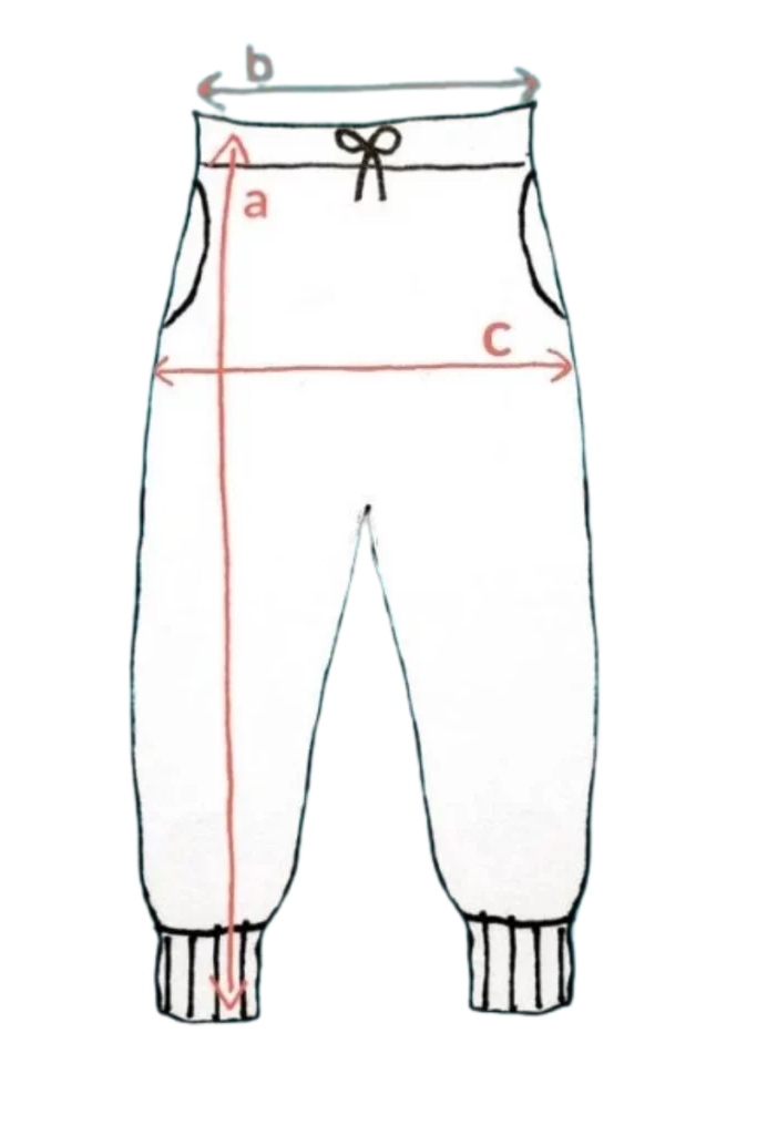 Kresba Merino tepláky dámské - petrol (250 g) z wełny merino 100% s rozměry: a (délka), b (pas), c (boky); kapsy, žebrované lemy.