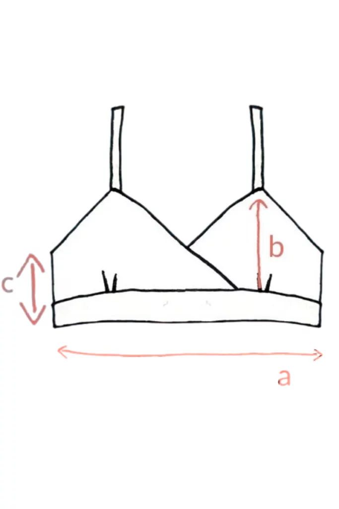 Jednoduchý lineární nákres Merino podprsenky zavinovací - černá (135 g), wełna merino 100 %, se třemi červenými šipkami: a pro šířku pod prsy, b pro výšku košíčku, c pro boční výšku.