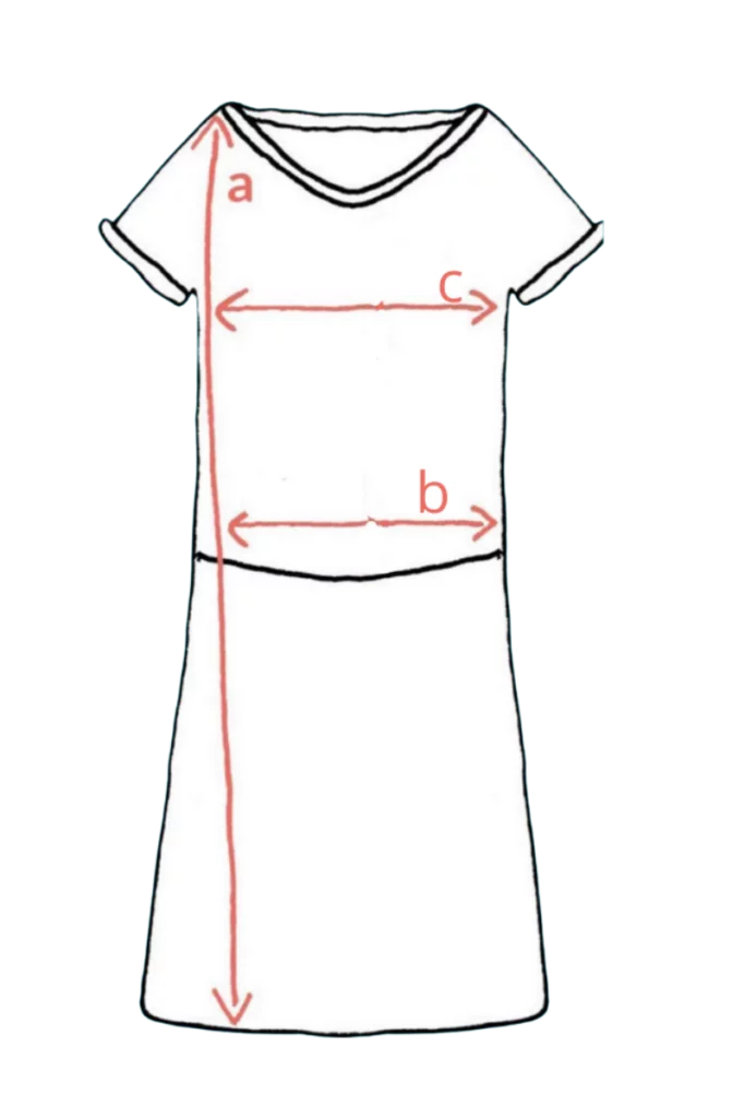 Černobílý obrys šatů Merino s krátkým rukávem - green gorpcore (135 g) z wełny merino 100 % se třemi červenými liniemi měření a, b, c na světlém pozadí.