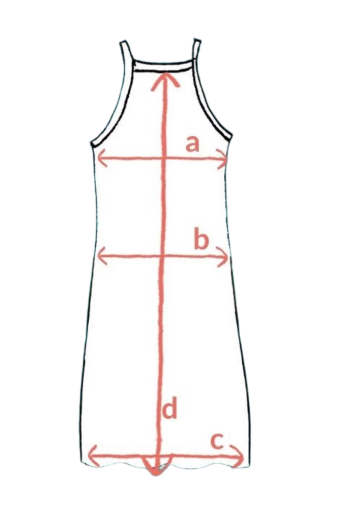 Čárový nákres modelu Merino šaty na ramínkách - leopard (135 g) z wełny merino 100% zobrazuje čtyři červené šipky označující měřící body: délku od ramene k lemu, šířku přes prsa, šířku dole a od průramku k průramku pod prsy.