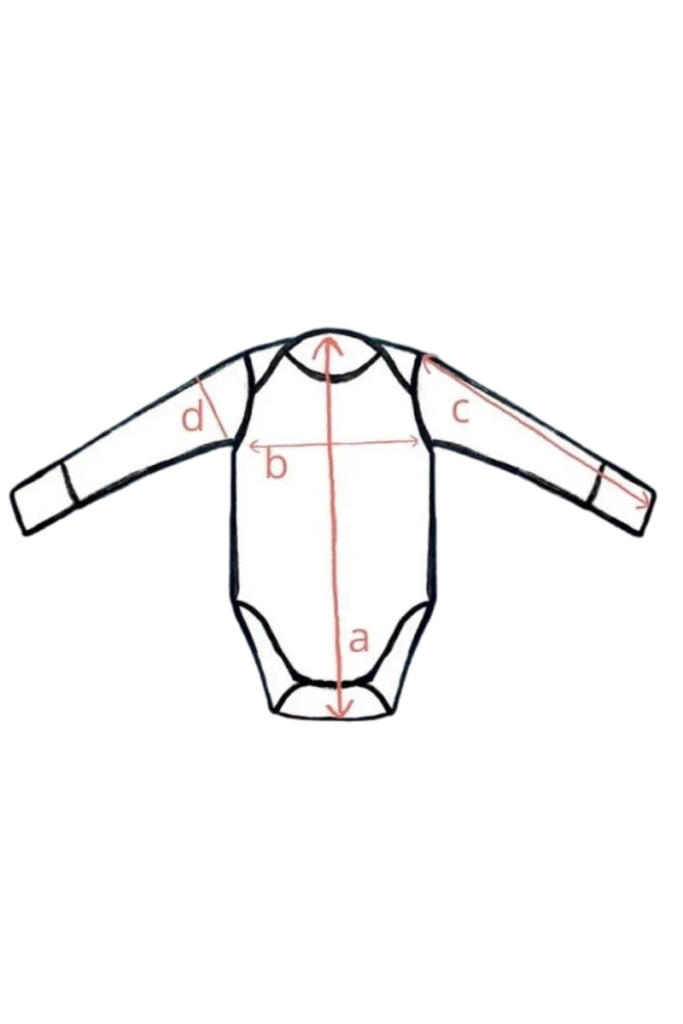 Line drawing dětského Merino body s dlouhým rukávem - tengoku (135 g), wełna merino 100% z liniami pomiaru: a, b, c, d.