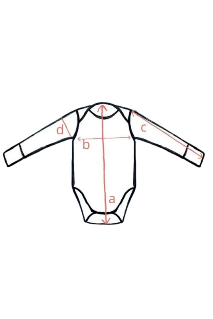 Line drawing dětského Merino body s dlouhým rukávem - tengoku (135 g), wełna merino 100% z liniami pomiaru: a, b, c, d.