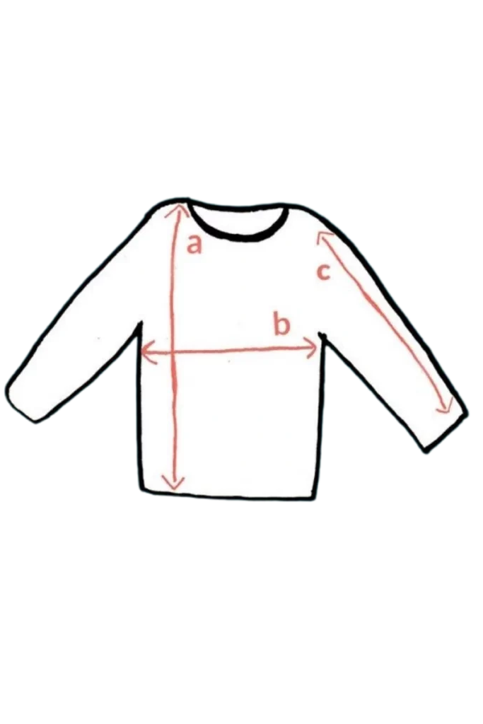 Jednoduchý lineární obrázek Merino trička s dlouhým rukávem dětského - tengoku (135 g), z wełny merino 100 %, se třemi červenými šipkami: (rameno-dolní okraj), b (průramek-průramek), c (rameno-konec rukávu) znázorňujícími tělo měření.