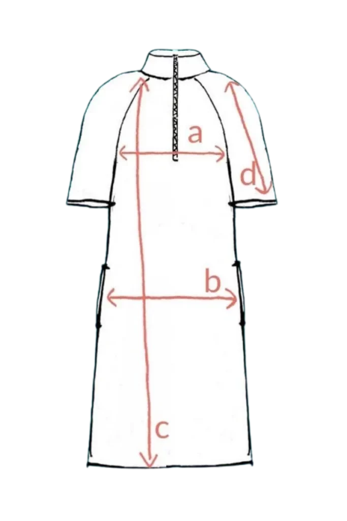 Černobílý diagram Merino šaty žakárové se zipem - trojúhelníky (190 g), wełna merino 100%, s červenými měřicími liniemi a-d.