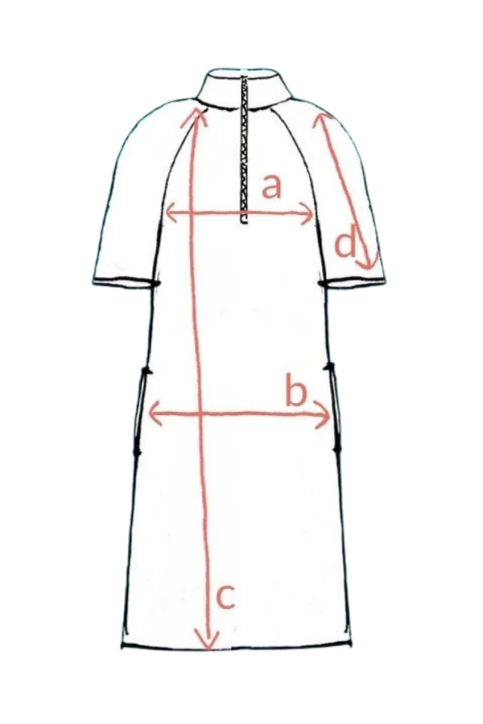 Černobílý diagram Merino šaty žakárové se zipem - trojúhelníky (190 g), wełna merino 100%, s červenými měřicími liniemi a-d.