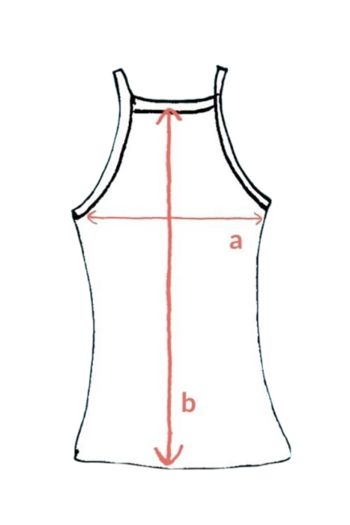 Jednoduchý lineární nákres Merino tank top dámský - leopard (135 g, z wełny merino 100 %) se dvěma červenými šipkami: přes prsa (a - šířka) a od krku dolů (b - délka).