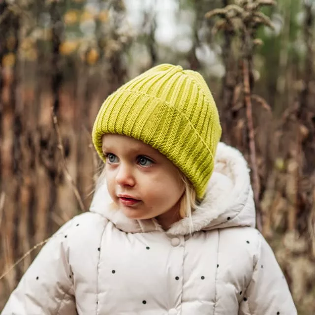 Merino čepice žebrovaná dětská – neonově žlutá