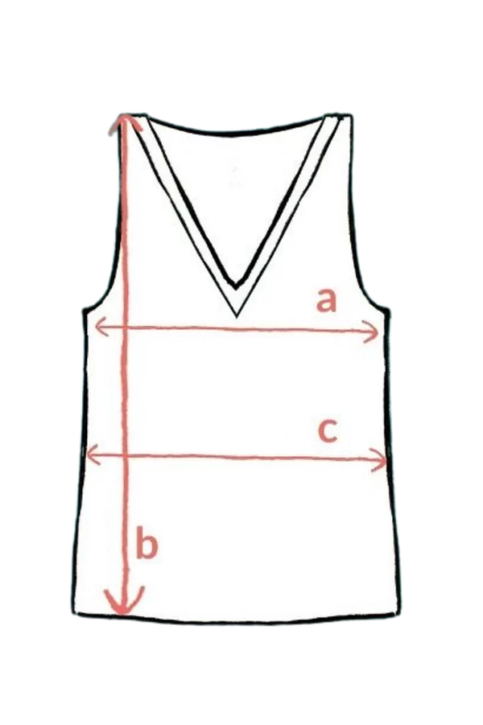 Liniový nákres dámského Merino topu s výstřihem do V - černá (135 g), bez rukávů, z wełny merino 100 %, s třemi liniemi měření: a (přes prsa), b (od ramene po lem), c (spodní část).