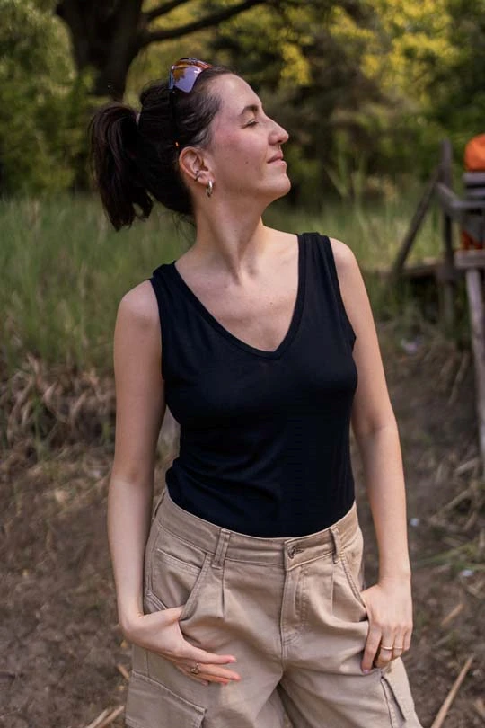 Merino top s výstřihem do V dámský – černá (135 g) - XL