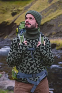 Merino termoprádlo top se zipem u krku pánské – olivové trojúhelníky (190 g)