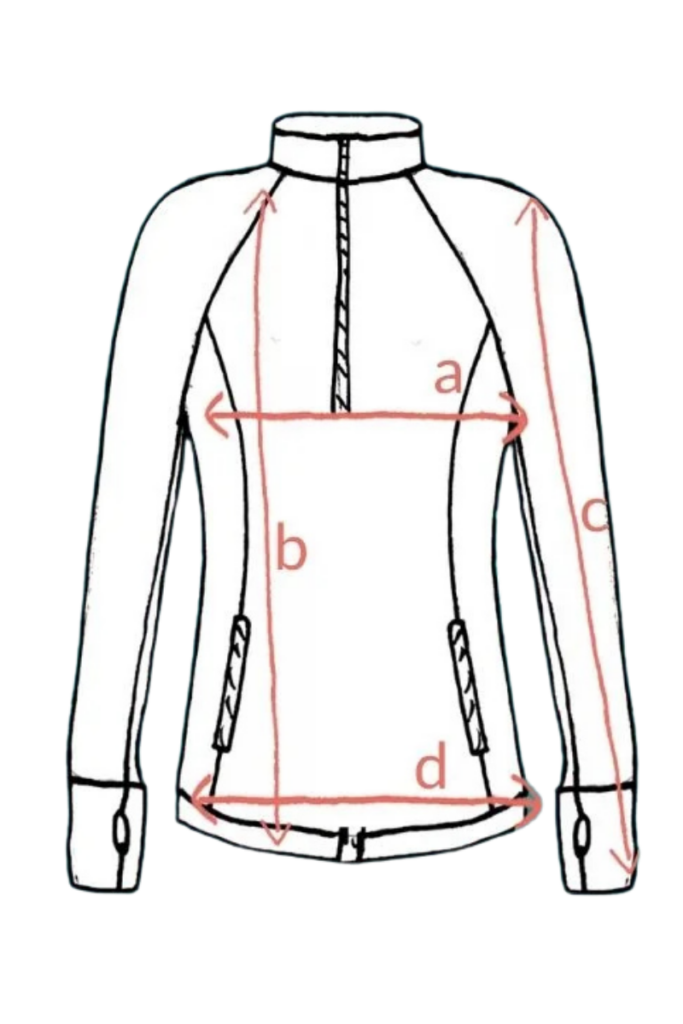 Čárový nákres trička Merino trekové dámské - cihlová (150 g), wełna merino 100 %, se čtyřmi červenými měřicími čarami: od ramene k lemu (b), šířka přes hrudník (a), délka rukávu (c) a šířka u lemu (d). Má vysoký límec, zip a kapsy.