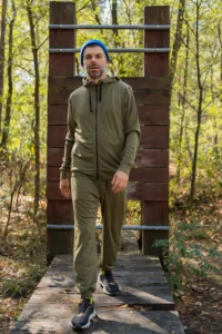 Merino mikina na zip s kapucí pánská – olivová (250 g)
