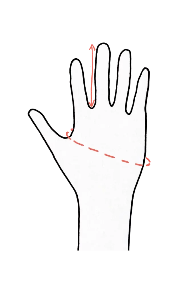 Jednoduchý černý obrys levé ruky s dvěma červenými šipkami znázorňuje rukavice liner z vlny merino; popis měření.