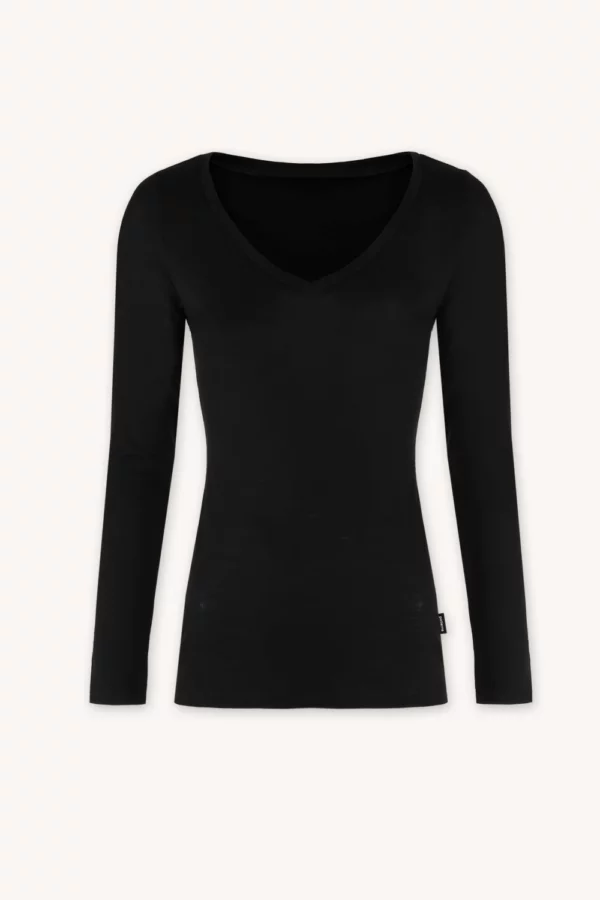 Merino SKIN spodní triko s dlouhým rukávem a výstřihem do V dámské – černé (135 g)