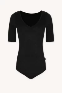 Merino SKIN body s krátkým rukávem s výstřihem do V dámské – černé (135 g)
