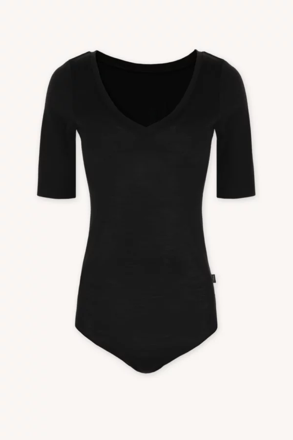 Merino SKIN body s krátkým rukávem s výstřihem do V dámské – černé (135 g)