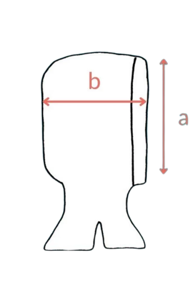 Obrysový nákres Merino funkční kukly - olivové trojúhelníky z wełny merino 100% s červenými šipkami a (výška), b (šířka).