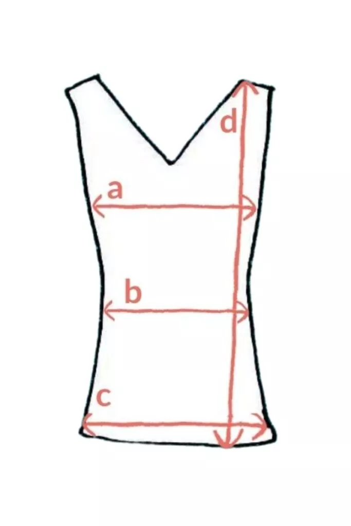 Diagram Podkoszulki z wełny merino 100% z dekoltem V černé, bez rękawów, cztery czerwone strzałki: a (hrudník), b (pas), c (boky), d (vertikálně od ramene ke spodnímu lemu).