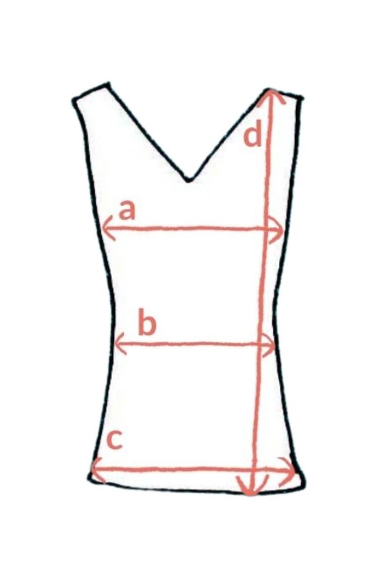 Diagram Podkoszulki z wełny merino 100% z dekoltem V černé, bez rękawów, cztery czerwone strzałki: a (hrudník), b (pas), c (boky), d (vertikálně od ramene ke spodnímu lemu).