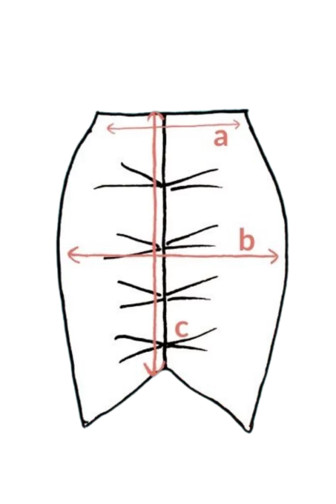 Ruční kresba s měřením sukně Merino nařasená - černá (135 g), wełna merino 100%, tři červené šipky a černé linie žil.