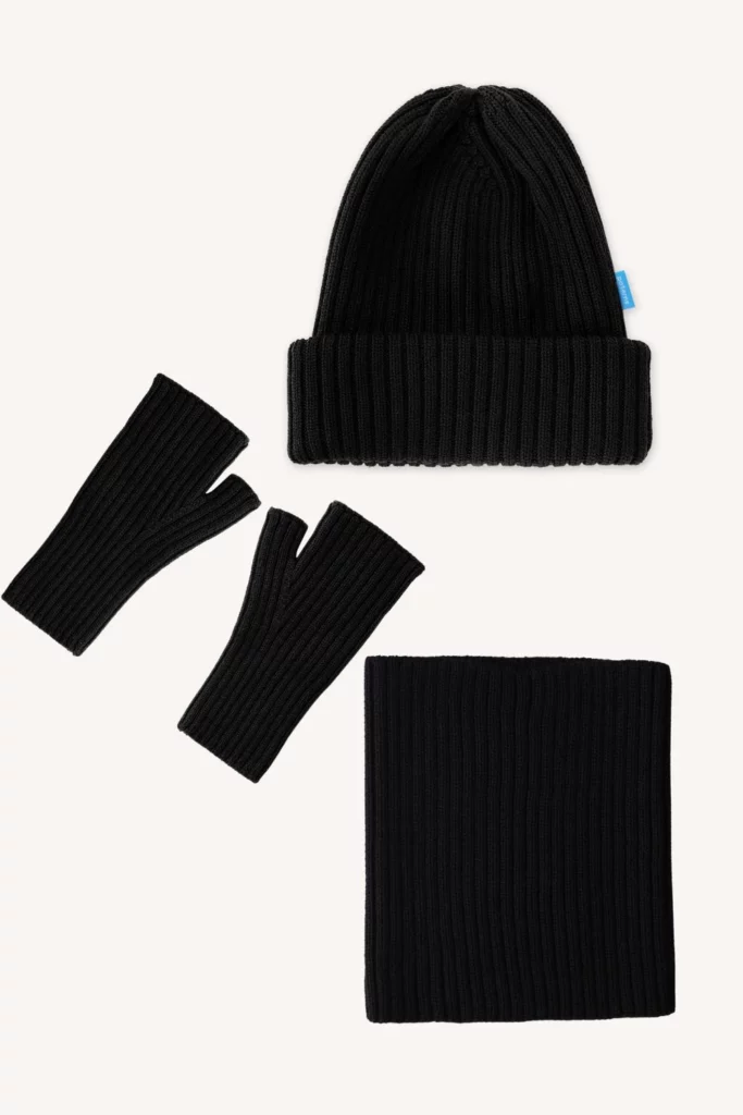 Zestaw czapka, komin i mitenki z wełny merino czarny