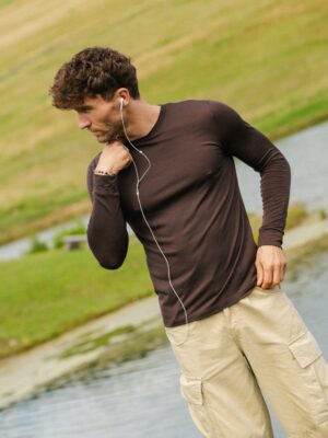 Merino tričko s dlouhým rukávem pánské – hnědé (135 g)
